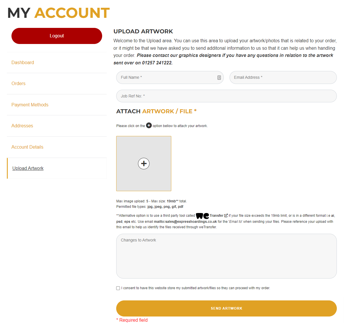 Upload artwork example on 'My Account' page